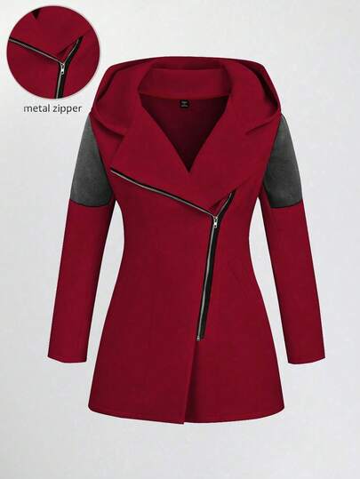 EMERY ROSE Women's Casual Zip-Up Hooded Jacket With Color Block Design