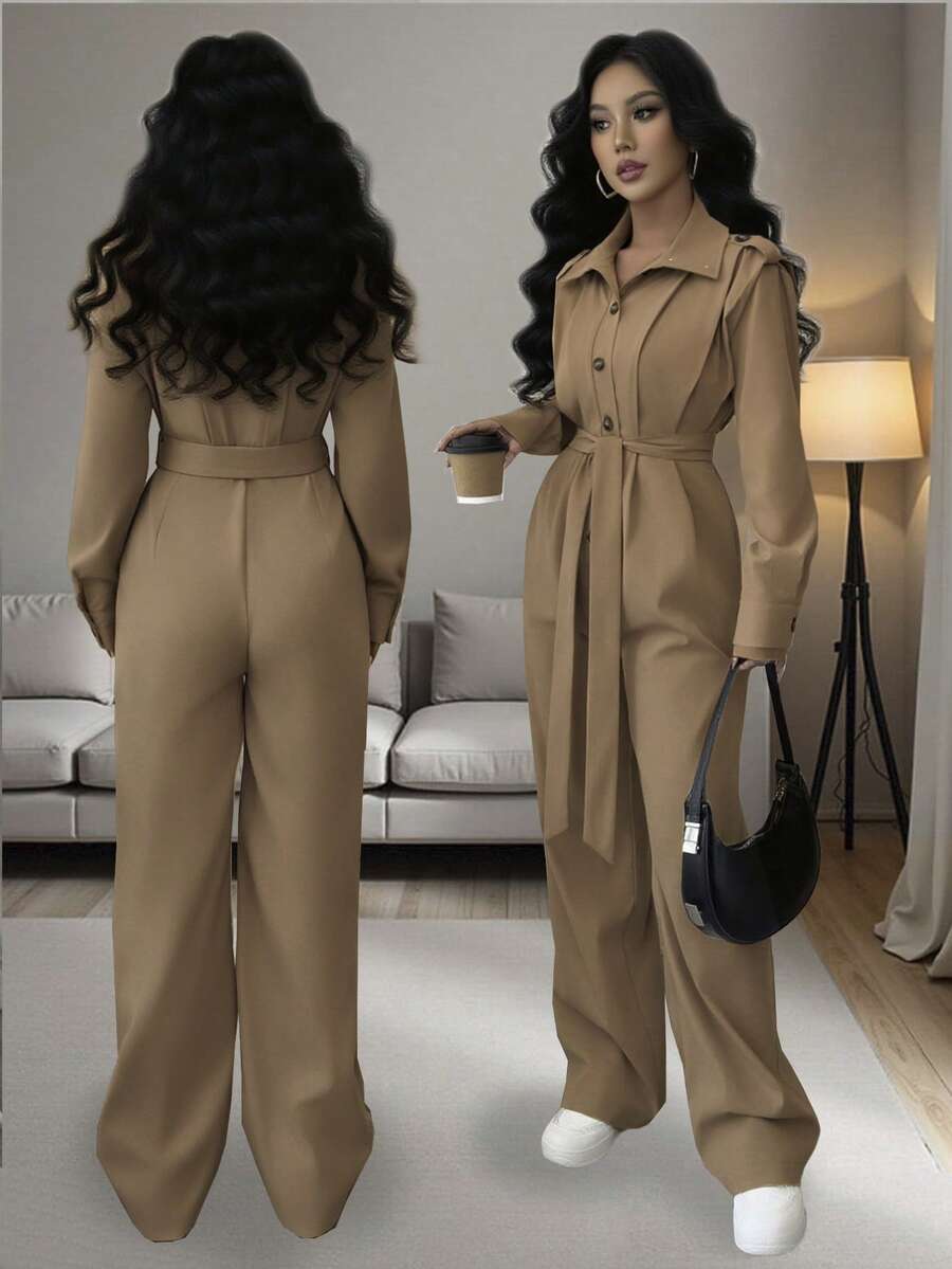 Chiquease Women's Casual Jumpsuit With Pleated Design, Loose Fit Long Sleeve, Suitable For Autumn/Winter, Daily Wear, Commuting, Fashionable