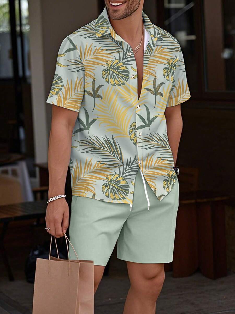 Manfinity RSRT Áo sơ mi tay ngắn họa tiết cây nhiệt đới Hawaii dành cho nam và quần short, trang phục thường ngày nhiệt đới mùa hè, trang phục nghỉ dưỡng Hawaii Cancun Bahama, trang phục ấm áp - Nhiều màu - Xem 1