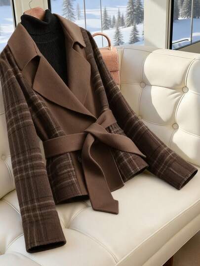 Franclia 法式复古H型翻领格纹拼接腰带通勤外套女式羊毛大衣，秋冬款