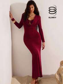 Opulessa Damen Einfarbiges Kleid mit drapiertem Ausschnitt, langem Ärmel und figurbetonter, sexy Passform - Bordeaux - Übersicht 9