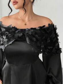 Elenzga Abito lungo con maniche lunghe, scollo a spalle scoperte, balze sul fondo, in jacquard floreale, elegante, adatto per la scuola, appuntamenti e uscite in autunno/inverno, taglie comode - nero - Visualizzare 7