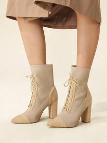 CUCCOO BASICS 尖头粗跟杏色弹力时尚中筒靴，优雅通勤、郊游、聚会之选 - 杏色 - 查看 9