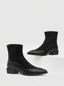 Daringsoles 女式尖头及膝一脚蹬靴，黑色光滑皮革粗跟中筒性感百搭高筒靴 - 黑色 - 查看 7