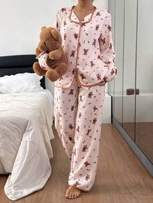 SHEIN 女士泡泡雪纺睡衣，可爱小熊印花翻领长袖上衣和长裤两件套睡衣，秋冬服装 - 彩色 - 查看 4