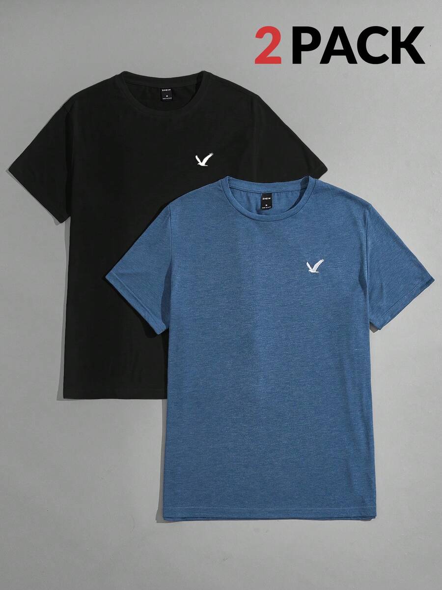 Manfinity BRENVOR 2 件装男士双色针织海鸥印花 T 恤，夏季 - 彩色 - 查看 1