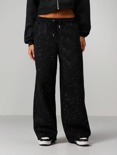 MISSGUIDED Sparkly Wide Leg Jogger Sweatpants With Glitter Detail For Women Casual Lounge Wear Palazzo Style