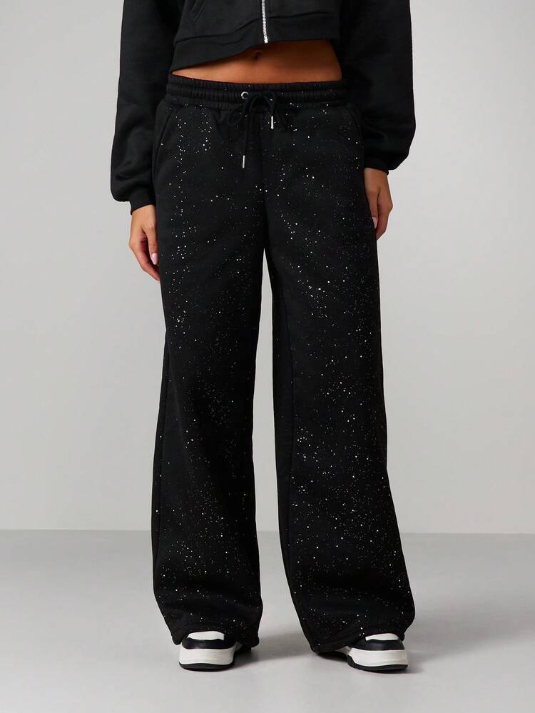 MISSGUIDED Pantalones de chándal de pierna ancha con detalles brillantes y estilo palazzo para mujer, ropa de estar en casa informal
