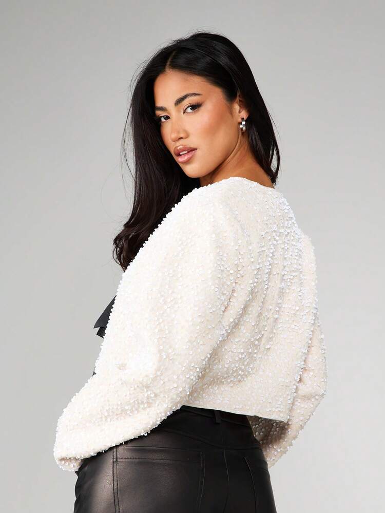 MISSGUIDED Weihnachts-Pailletten-verzierter Cardigan mit schwarzer Schleife vorne, langärmlige Feiertagsbluse für Partys