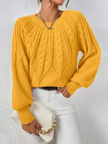 EMERY ROSE 秋冬休闲纯色灯笼袖毛衣 - 芥末黃 - 查看 7