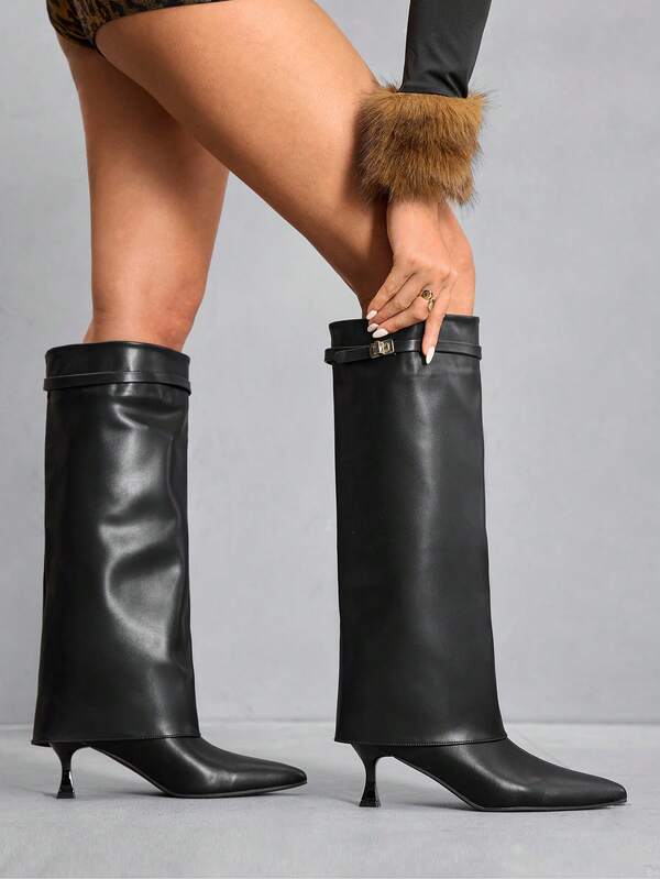 CUCCOO SZL Women's Fashion Pointed Toe Black Suede Tall Shaft Metal Buckle Elegant Versatile Stiletto Knee-High Boots