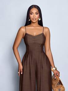SOLERSUN 女士垂褶前襟垂褶领系带露背阔腿吊带连体裤，适合日常穿着和度假 - 咖啡棕 - 查看 3