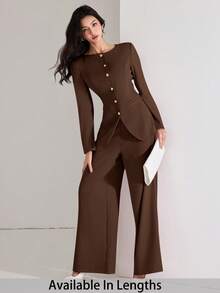 SHEIN PETITE CURVE Plus Size Women's Elegant Solid Color Fitted Jacket And Pants Suit Set, Chocolate Brown Modern Suiting 2 Pieces Set Autumn Winter Clothes For Women