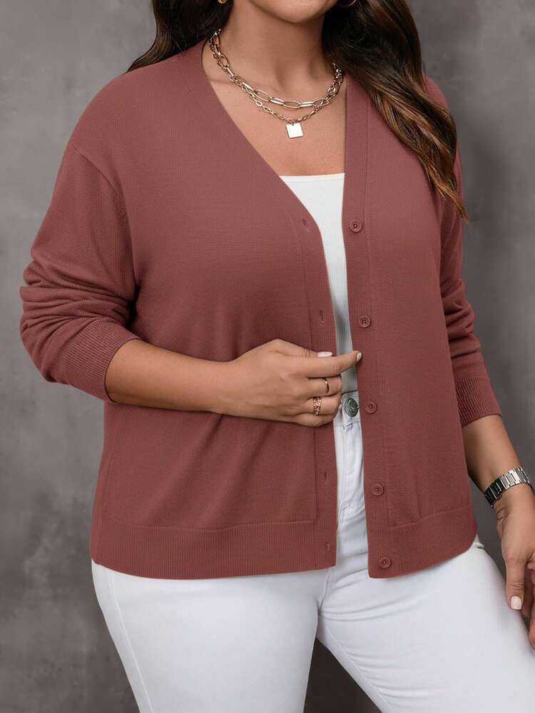 EMERY ROSE Plus Size Solid Color V-Neck Button Front Casual Knit Cardigan/Winter - Rust Brown - View 5