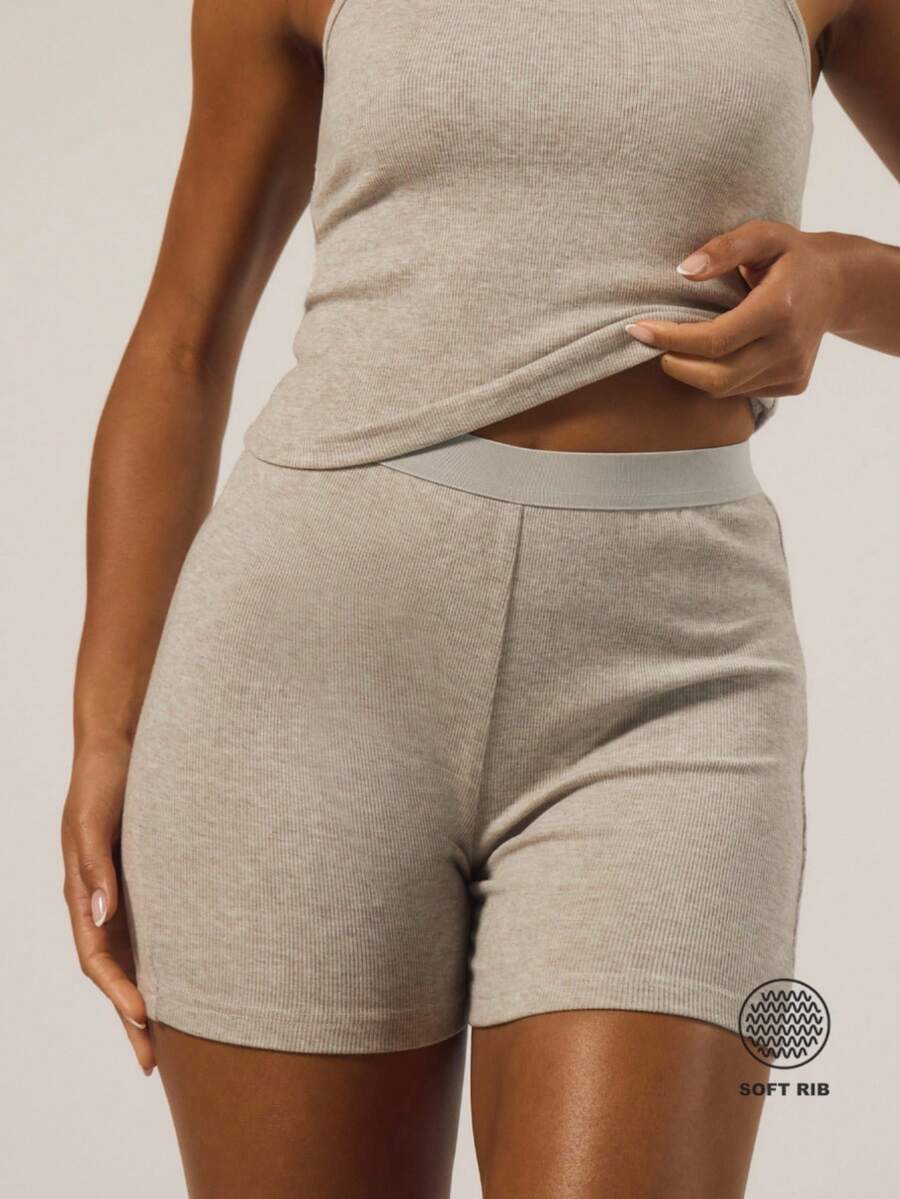 MUSERA ESSENTIALS Fitted Elasticated Waist Soft Rib Mini Shorts Autumn Winter  Holidays Fall Underwear Everyday Cosy Lounge Essential - Grey - View 1