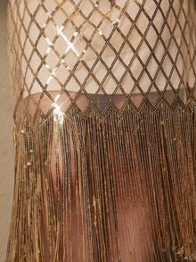 Freevana Plus Size Romantic Vintage Sequin Tassel Dress, Shiny Party Holiday New Year Dress - Champagne - View 7