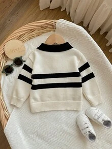 Baby Boy Contrast Stripe Drop Shoulder Half-Zip Casual Patchwork Collar Sweater
