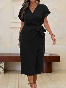 Roveilla 大码女式纯色重叠V领蝙蝠袖休闲夏季连衣裙长款女装