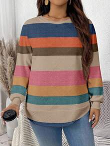 EMERY ROSE Plus Size Women Casual Colorful Striped Print Loose Fit Crew Neck Long Sleeve Sweatshirt, Waffle Texture, Suitable For Autumn/Winter - White - View 6