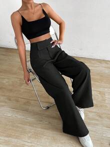 Airlisse Quần dài lưng cao đơn giản màu trơn cho nữ - màu đen - Xem 6