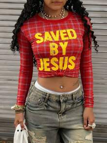 Rovax Women's Red Plaid Knit T-Shirt, Long Sleeve Top With Faith-Themed Print - Red - View 1