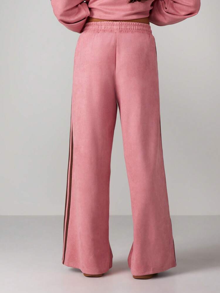 Missguided x Playboy Wide Leg Suede Joggers With Bunny Logo And Side Stripes For Loungewear Comfort