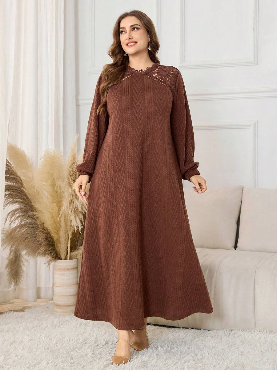Lacomfia Plus Size Elegant Long Knit Dress With Lace Hollow-Out Shoulder And Lantern Sleeves, Deep Brown - Coffee Brown - View 1