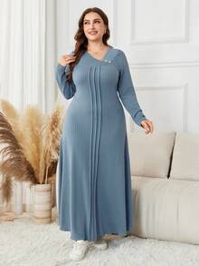 Lacomfia Gaun Kasual Maxi Rajut Jacquard Warna Polos Lengan Panjang Ukuran Besar - Dusty Blue - View 1