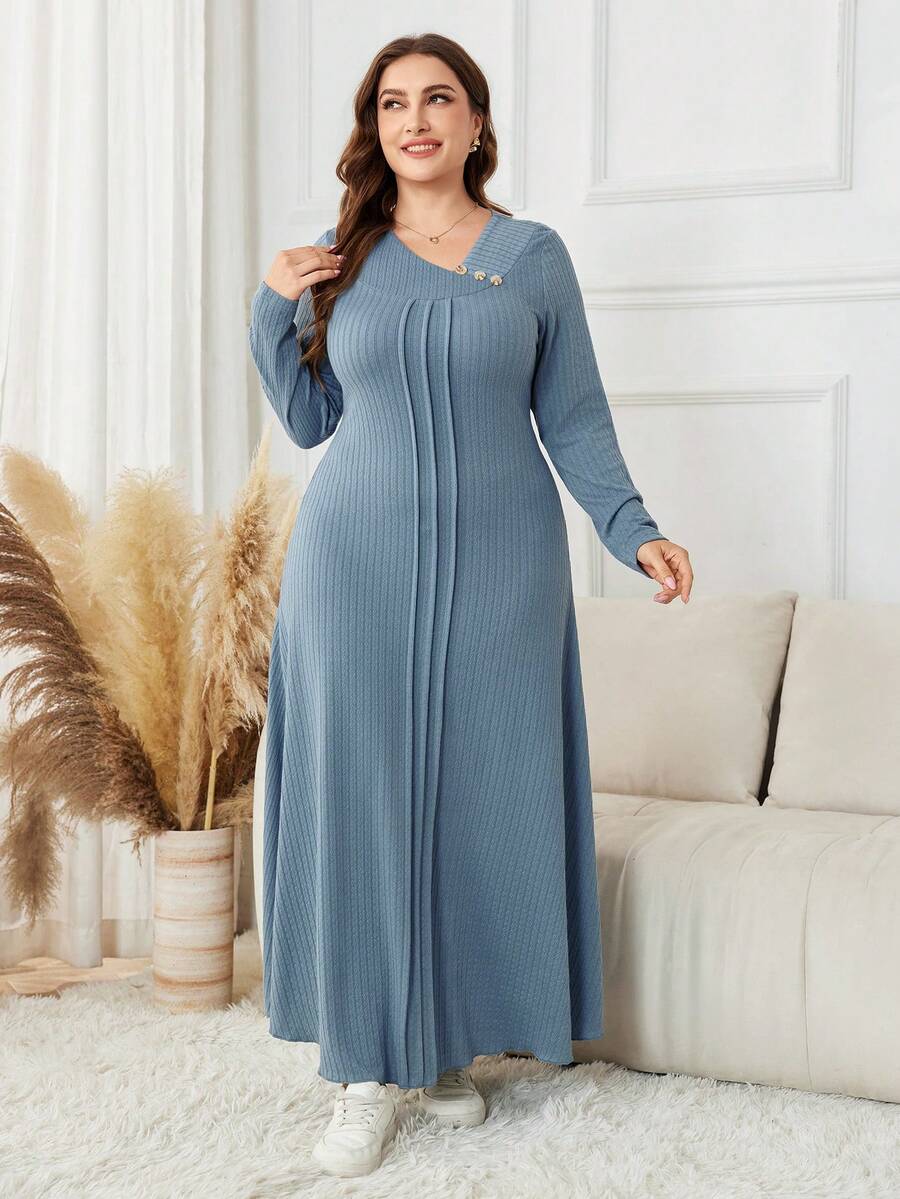 Lacomfia Gaun Kasual Maxi Rajut Jacquard Warna Polos Lengan Panjang Ukuran Besar - Dusty Blue - View 1
