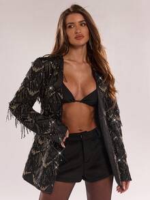 SHEIN BAE Women's Long-Sleeve Sequined Fringe Single-Button Elegant Fashion Blazer,, Perfect For Parties,And Festive Occasions Party Blazer, Black Fringe Blazer - Black - View 6