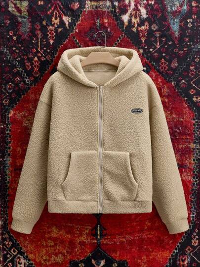 SWAVVY Men's Zip-Up Hooded Sweatshirt, Casual Standard Size, Autumn/Winter Khaki Double-Sided Sherpa, Long Sleeve Top