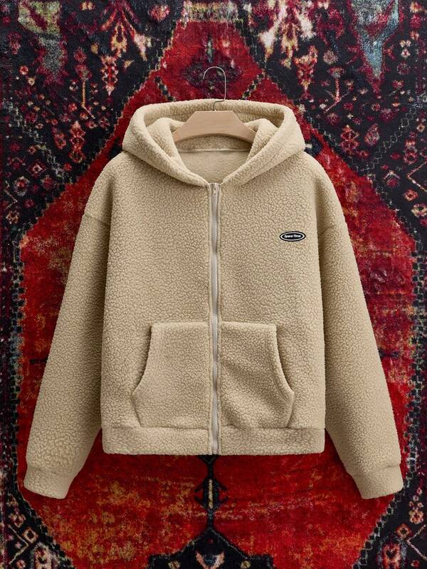 SWAVVY Men's Zip-Up Hooded Sweatshirt, Casual Standard Size, Autumn/Winter Khaki Double-Sided Sherpa, Long Sleeve Top