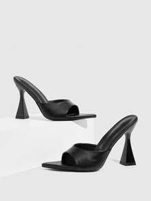 CUCCOO SZL 女士时尚尖头套脚高跟鞋，简约百搭纯色 - 黑色 - 查看 2