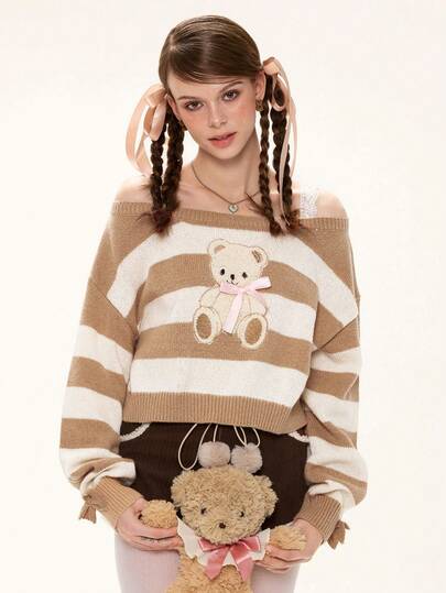 Suéter holgado de punto a rayas lindo y kawaii para mujer