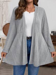 SHEIN CURVE+ 大码女式常规款外套，罗纹绒面针织弹力开衫，黑色，适合秋冬季穿着。 - 灰色 - 查看 3