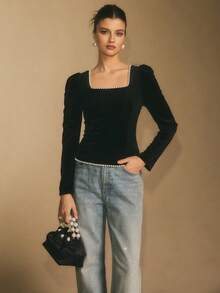 Poéselle Women's Velvet Square-Neck Long-Sleeve Top, Elegant Puff-Shoulder Top For Holiday & Evening, Faux Pearl Embellished Top, Velvet Black Square Neck Top, Holiday Going Out Top - Black - View 7