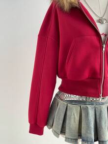 Sweetra Retro Patchwork Faux Fur Hooded Zip-Up Short Sweatshirt Sweatshirt For Women, Autumn/Winter - Burgundy - View 5