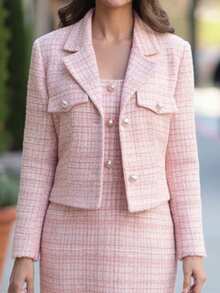 EMERY ROSE 2-Piece Set: Elegant Tweed Short Blazer Jacket + Sleeveless Fitted Bodycon Dress, Classy Suit Set, Spring/Autumn - Multicolor - View 3