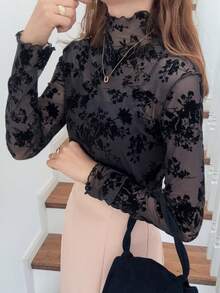 FRIFUL 女士时尚性感透视修身高领长袖上衣 - 黑色 - 查看 6