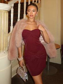 Glamine Charm Vestido mini ajustado de punto metálico burdeos con detalle de nudo delantero, vestido mini elegante y sexy para fiestas de Navidad y Halloween - Negro - Ver 2