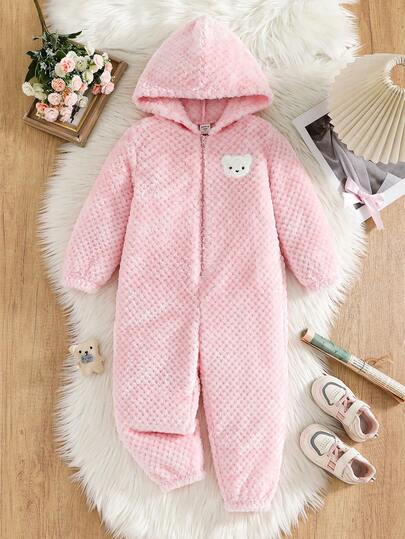 SHEIN Young Girl Young Girl Cartoon Bear Hooded Thick Fleece Long Sleeve Romper With Pants