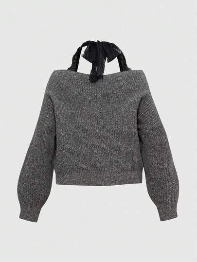 J-Fashion Suéter holgado de punto con encaje y hombros descubiertos de manga larga, talla grande, para otoño/invierno