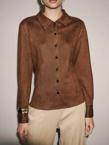 Lumivelle Vintage Commuter Slim Fit Versatile Collared Long Sleeve Shirt - Coffee Brown - View 5