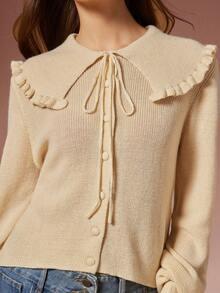 WESTFADE Bow Tie Neck Ruffle Collar Button Front Relaxed Fit Long Sleeve Cardigan Sweater Cute Knit Top, Fall, Autumn, Winter, Holiday, Country, Cowgirl Christmas, NYE, New Years Eve, Boho, Casual - Apricot - View 6