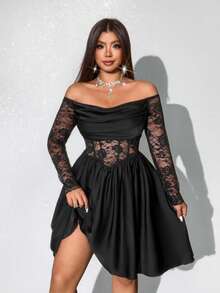 Viva Relle 大码女式垂褶领长袖缎面蕾丝拼接镂空中长A字黑色腰身连衣裙，优雅复古休闲派对鸡尾酒会礼服 - 黑色 - 查看 4