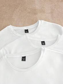 Manfinity NXTstreet 3 件装男士休闲纯色针织短袖 T 恤，适合日常穿着 - 白色 - 查看 3