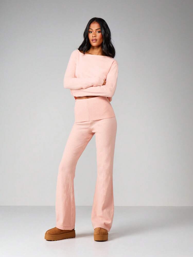 MISSGUIDED Knitted Bardot Jumper And Roll Top Flares Co Ord Set Pink Lounge Wear Two Piece