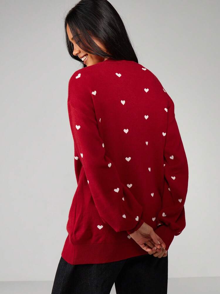 MISSGUIDED Cardigan oversize a maglia con motivo a cuore, con bottoni davanti, adatto per le vacanze invernali, San Valentino, Natale