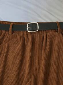 Franclia Plus Size Autumn Brown Corduroy Pants,Chocolate Brown,Smart Casual,Everyday Pants With Waist Belt Patchwork Pockets Earthy Lounge Autumn/Winter Fall - Brown - View 3