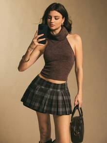 Poéselle Women's Black Plaid Pleated 2 In 1 Skort,Summer Retro Vintage 70s School Back-To-School Low Waist Patterned Print Casual Commuting Y2k Tennis Skirt - Coffee Brown - View 1